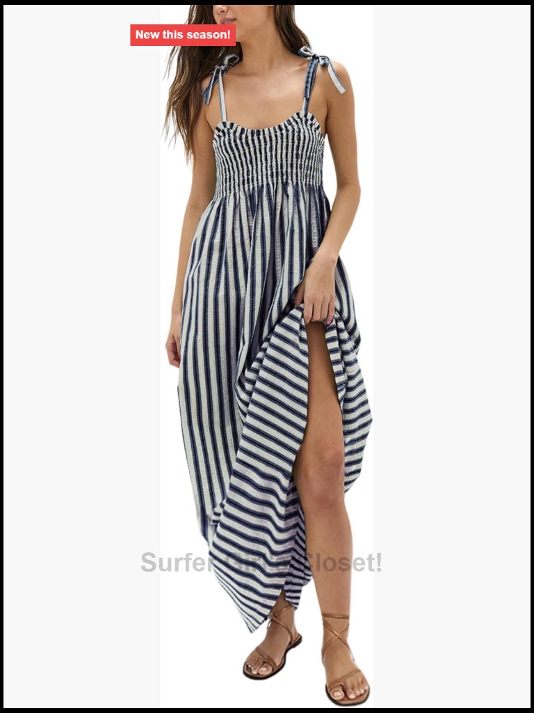 Striped Smocked Maxi Dress Spaghetti Strap Flowy Swing Long Dress Pockets